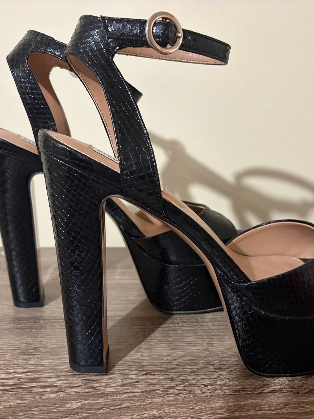 Steve Madden Black Faux-Snakeskin Platform Block Heels with Ankle Strap - Picture 6 of 7